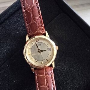 Elegant Gold Watch with Brown Leather Strap